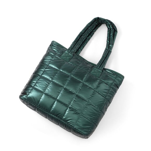 Quilted Puffer Tote - Shiny Forest Green - Double Handle- XL- Lightweight -NWT - Picture 1 of 8